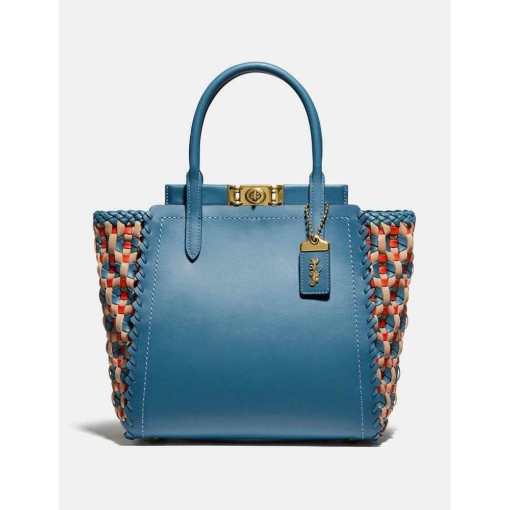 Coach Troupe Tote Weaving Bag Leather Magnetic Zip Blue Lake Handbag Purse New